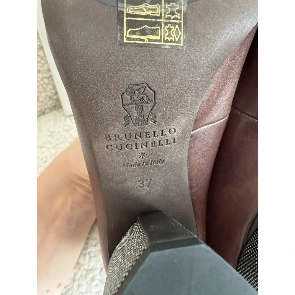 NWT‎ Brunello Cucinelli - Brown Leather And Caviar Beads Block Heel Size 37